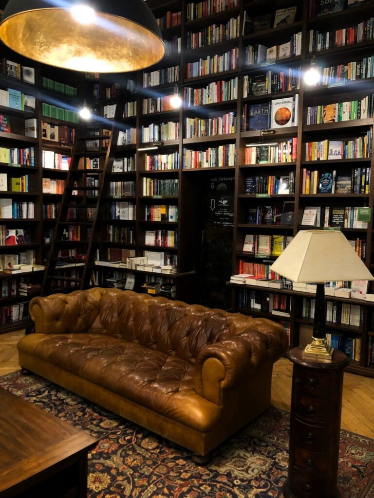 Comfortable sofa, surrounded by books