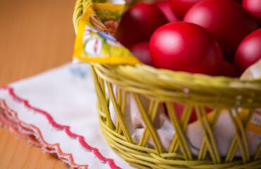 Red eggs in basket