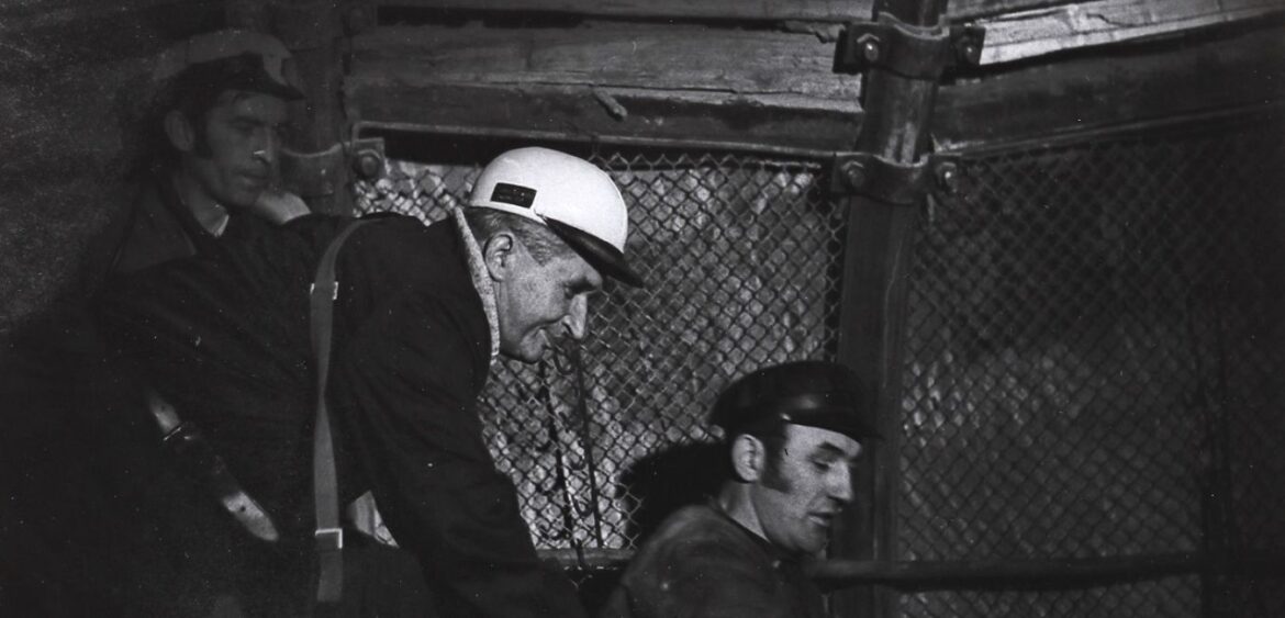 black and white picture with ceausescu in mine