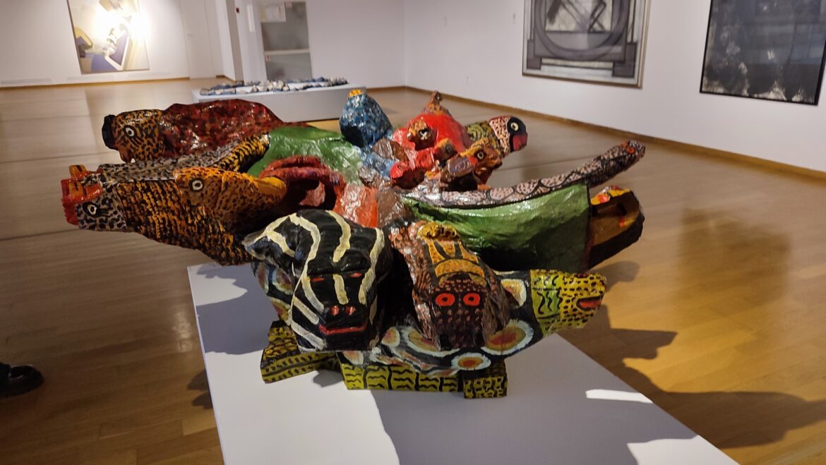 Intricate modern art inside MNAC in Bucharest