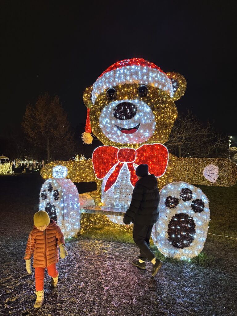 big teddy bear made of lights at West Side Christmas Market